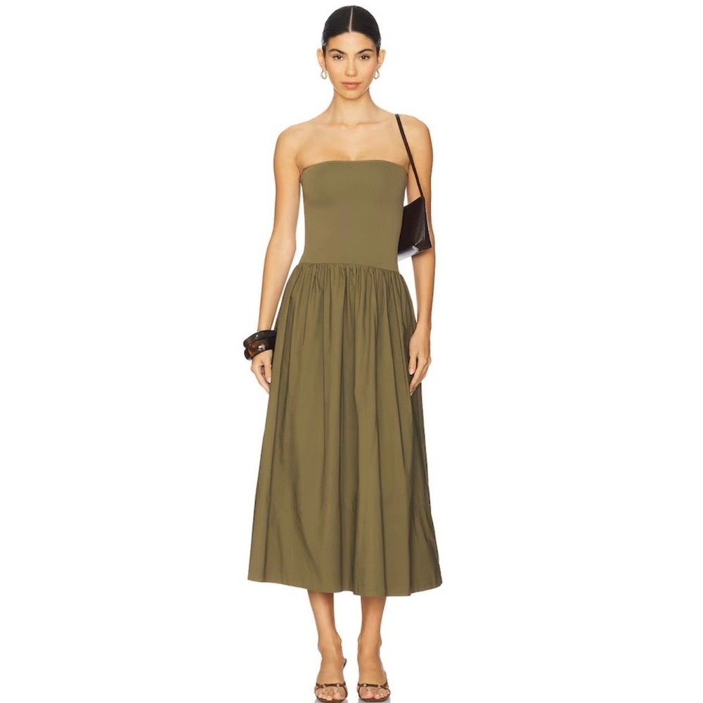 Pistola Mavo Tube Top Dress Womens S Rich Olive Green Strapless Midi Full  Skirt